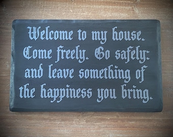 Bram Stoker Welcome to my House Come Freely Go Safely Black Silver Distressed Solid Wood Sign Plaque