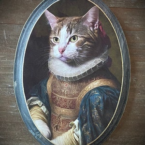 Tabby Calico Cat Victorian Portrait Distressed Plaque Sign Anthropomorphic Cameo Wall Decor Decoration Gift Animal Wearing Clothes Funny