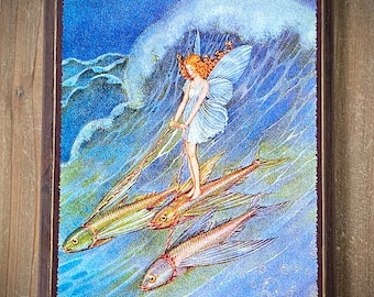 Fairy Riding Fish Vintage Fairy Tale Book Illustration Distressed Plaque Sign Decor Decoration Ida Rentoul Outhwaite Gift Ocean