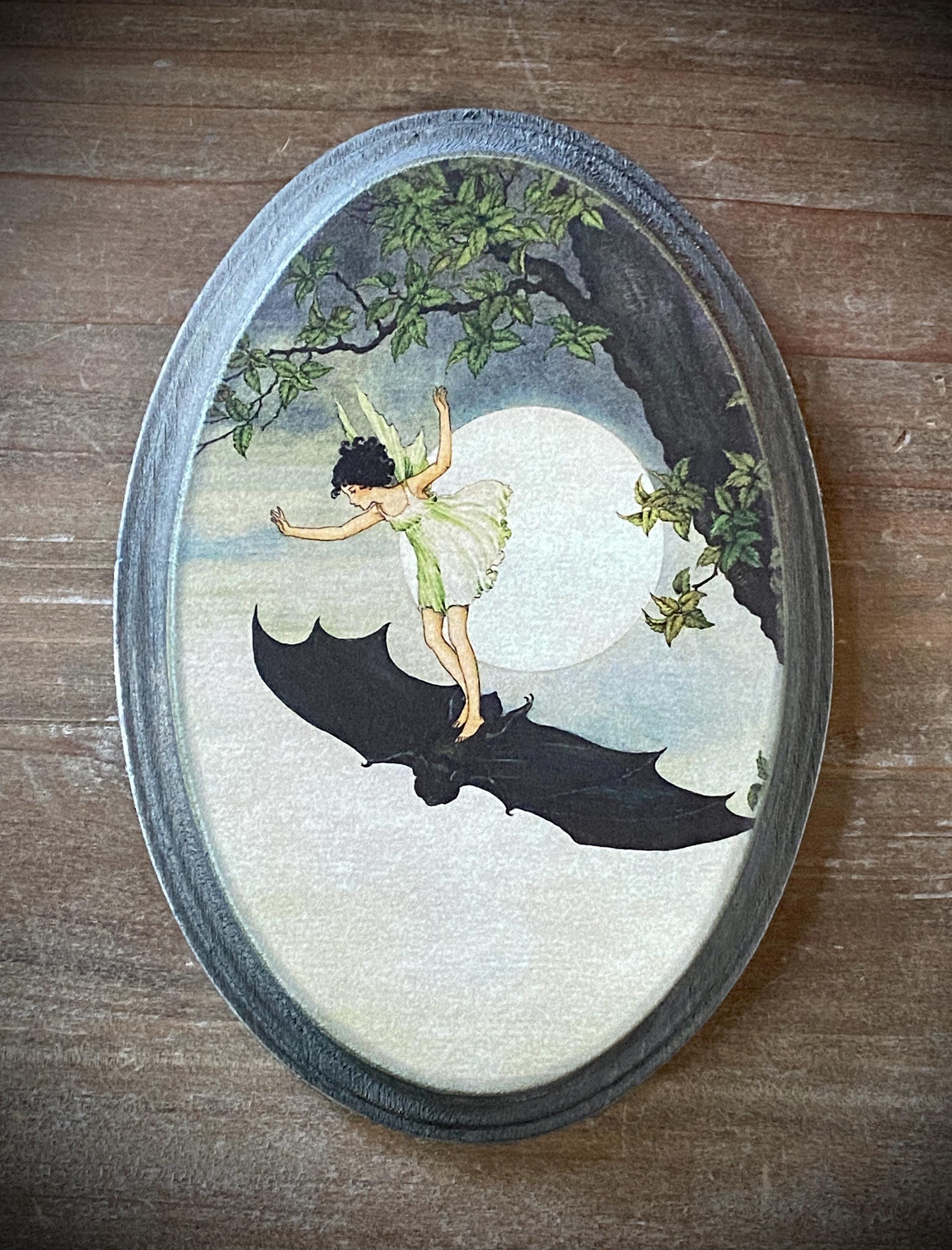 Fairy Riding Bat Fairy Tale Story Book Vintage Illustration Distressed Plaque Sign Decor Decoration Ida Rentoul Outhwaite Gift Flying Forest
