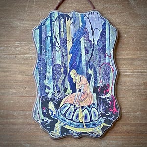 Tortoise and Lady in the Woods Vintage Illustration Distressed Plaque Sign Decor Decoration Virginia Sterrett Art Deco Gift Turtle