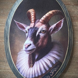 Goat Ram Solid Wood Distressed Victorian Portrait Plaque Sign Anthropomorphic Cameo Wall Decor Decoration Gift Animal Wearing Clothes Funny