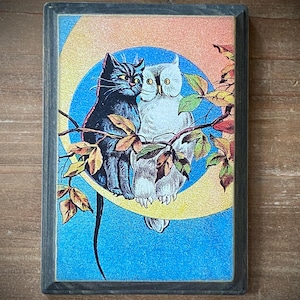 Black Cat and Owl on Moon Vintage Halloween Illustration Distressed Plaque Sign Decor Decoration Autumn Fall Leaves Gift
