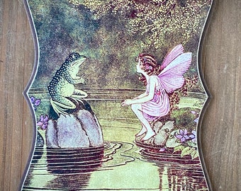 Vintage Pink Fairy and Frog Fairy Tale Book Illustration made into a Distressed Plaque Sign Decor Decoration Ida Rentoul Outhwaite Gift