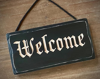Welcome Engraved Distressed Solid Wood Sign Plaque Gothic Halloween Decoration Gift