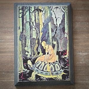 Tortoise Ride Princess Blondine Mythology Vintage Illustration Solid Wood Distressed Plaque Sign Decor Virginia Frances Sterrett