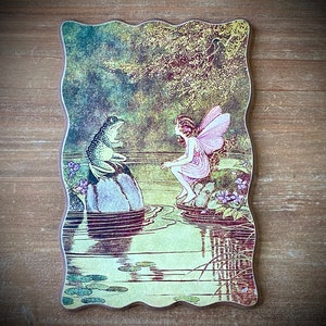 Vintage Pink Fairy and Frog Fairy Tale Book Illustration made into a Distressed Plaque Sign Decor Decoration Ida Rentoul Outhwaite Gift