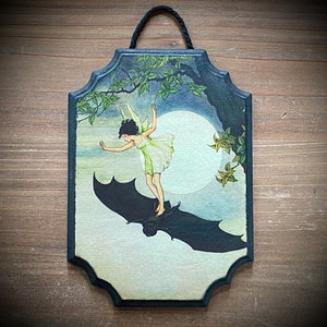 Fairy Riding Bat  Fairy Tale Story Book Vintage Illustration made into a Distressed Plaque Sign Decor Decoration Ida Rentoul Outhwaite Gift