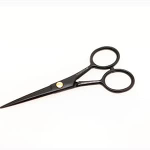 May include: Matte black grooming scissors featuring two circular finger rings and a gold-colored central pivot screw. The blades are pointed and the handle is engraved with the text FACE STYLAR and BEARD STAR 425 in a clean, sans-serif font.