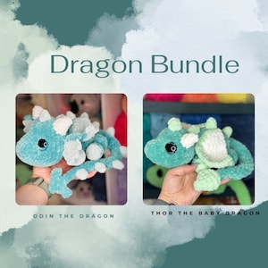 May include: A green and white crocheted dragon plush toy with a long tail and a small, white crocheted wing on each side. The dragon has a light blue eye and a small, white crocheted horn on its head. The dragon is sitting on a hand. The text "Odin the Dragon" is below the dragon. A second green and white crocheted dragon plush toy with a long tail and a small, white crocheted wing on each side. The dragon has a light blue eye and a small, white crocheted horn on its head. The dragon is sitting on a hand. The text "Thor the Baby Dragon" is below the dragon.