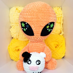 Out-of-this-world Cosmo the Alien crochet pattern with thorough guidance and vivid illustrations, perfect for handcrafting a lovable extraterrestrial pal, unforgettable gift, or quirky room decor!