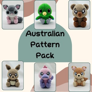 Op de afbeelding: Haak amigurumi patroonpakket met Australische dieren. Het pakket bevat patronen voor een koala, een kangoeroe, een vogelbekdier, een kookaburra en een suikerzweefvlieg.