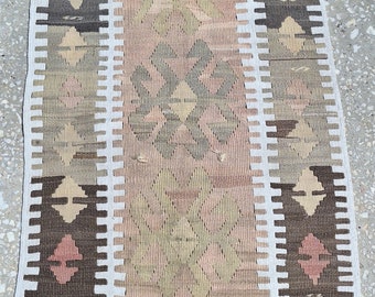Turkish Vintage Anatolian Kırşehir Kilim Rug - 59cm x 88cm - 1.93ft x 2.89ft Excluding Fringes,  Pastel rug
