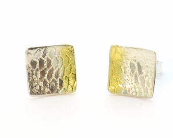 Boucles d'oreilles carrées "empreintes" bicolor en argent fin et sterling silver