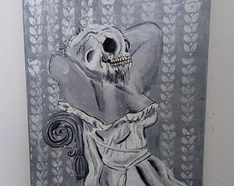 May include: A black and white painting of a woman with a skull for a head, sitting in a chair with a floral patterned background.