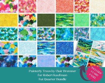 Rainbow floral quilt, Fat Quarter Bundle, Painterly Trees by Clair Bremner for Robert Kaufman, bright, intense, artistic, includes  panel