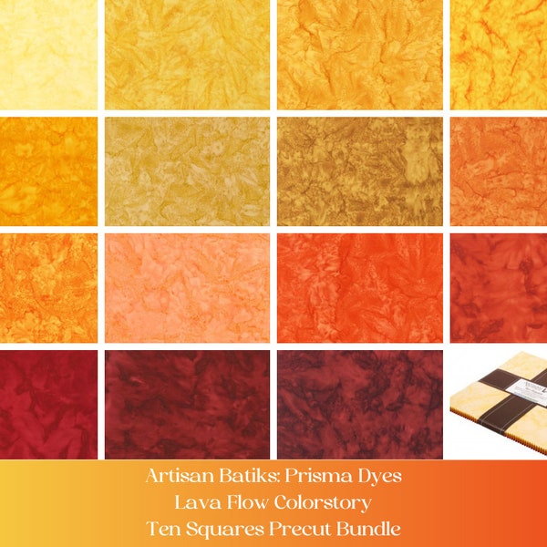 Orange Quilt Fat Quarter bundle, Artisan Batiks Prisma Dyes Lava Flow Colorstory, Ten Squares Layer Cake 42-piece, yellow, orange, red