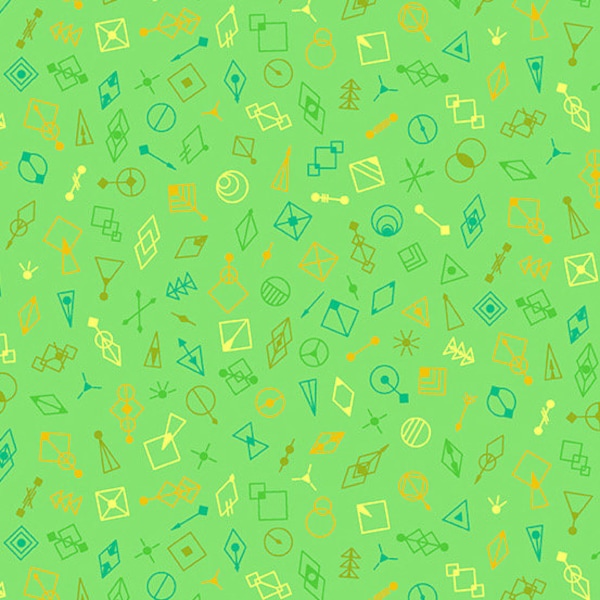 Deco Glo II by Guicy Giuce for Andover, Glitter in Honeydew (bright lime green background with green, yellow, orange motifs) by the 1/2 yard