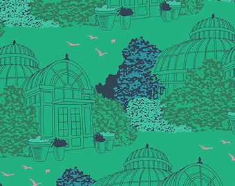 Flora and Fauna by Patty Sloninger for Andover - Conservatory fabric in grass (green and navy blue) by the 1/2 yard