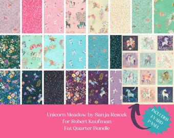 Unicorn quilt for girl's room, Fat Quarter bundle, Unicorn Meadow by Sanja Rescek for Robert Kaufman, pink, purple, green, includes  panel