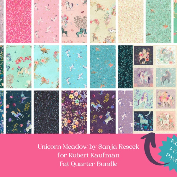 Unicorn quilt for girl's room, Fat Quarter bundle, Unicorn Meadow by Sanja Rescek for Robert Kaufman, pink, purple, green, includes  panel