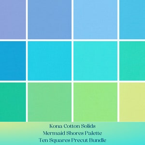 Mermaid layer cake quilt, lavender, blue, green, Mermaid Shores Layer Cake precut bundle, Kona Cotton, Ten Squares 42-piece, 10-inch squares