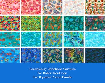 Ocean beach seahorse quilt layer cake, 10 inch squares, Oceanica by Christiane Marques for Robert Kaufman, artistic ocean life, bright color