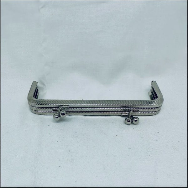 Kisslock clasp purse frame, double clasp, 5" x 2" silver clasp for small clutch or purse, glue in, with strap loops
