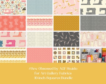 Sewing quilt, #Sew Obsessed for Art Gallery Fabrics, layer cake, 10" squares, pink, yellow, blue, gray, gift for sewist, sewing machines