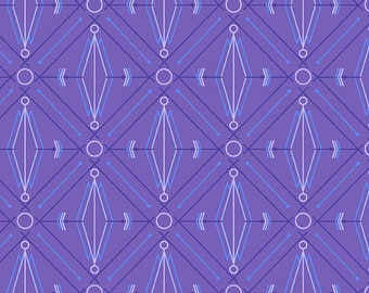 Deco Glo II by Guicy Giuce for Andover, Lotus in Concord (grape purple background with purple, blue, white geometric print) by the 1/2 yard