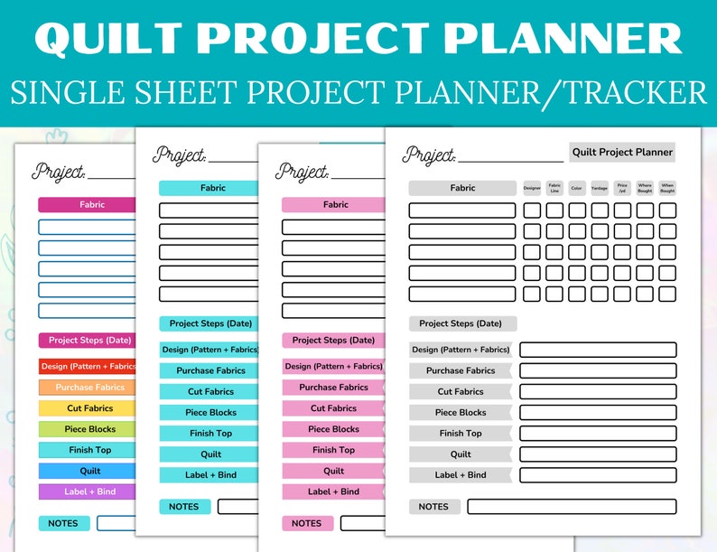 One Page Quilt Project Planner Bundle of 4 different colors Keep track of quilt projects buy once print many times image 1