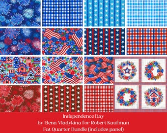 Red white & blue quilt, Independence Day by Elena Vladykina for Robert Kaufman, patriotic quilt fabric, Fat Quarter bundle, plus panel