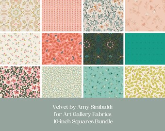 Quilt for bookworm, Velvet by Amy Sinibaldi for Art Gallery Fabrics, layer cake, mixed floral, soft color palette, pink, green, 10" squares