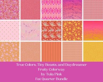 Tula Pink Fat Quarter Bundle, pink, red, orange, True Colors, Tiny Beasts, Daydreamer fabrics, FQ Bundle, 15 fat quarters