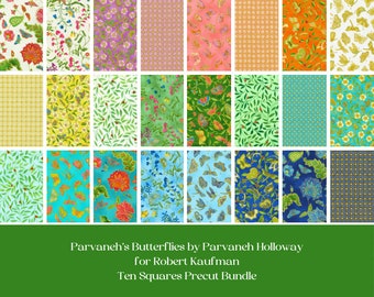 Floral butterfly quilt, Parvaneh's Butterflies by Parvaneh Holloway for Robert Kaufman, 10-inch squares, layer cake, gold accents