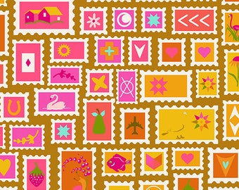 Postmark by Alison Glass for Andover - Collector fabric in Sunrise (postage stamps in pink, orange, yellow), by the 1/2 yard