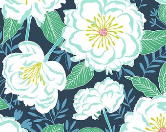 Flora and Fauna by Patty Sloninger for Andover - Camellias fabric in Shadow (navy blue) by the 1/2 yard