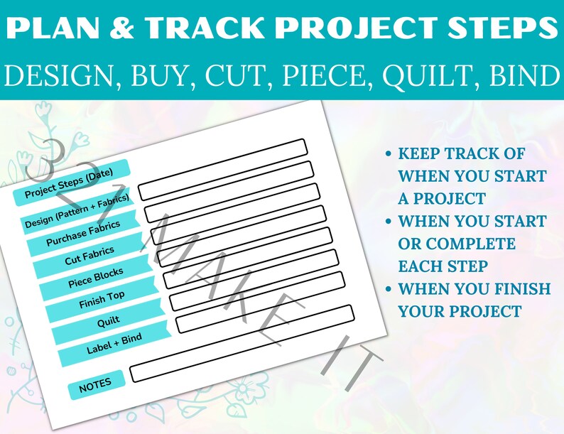 One Page Quilt Project Planner Bundle of 4 different colors Keep track of quilt projects buy once print many times image 4