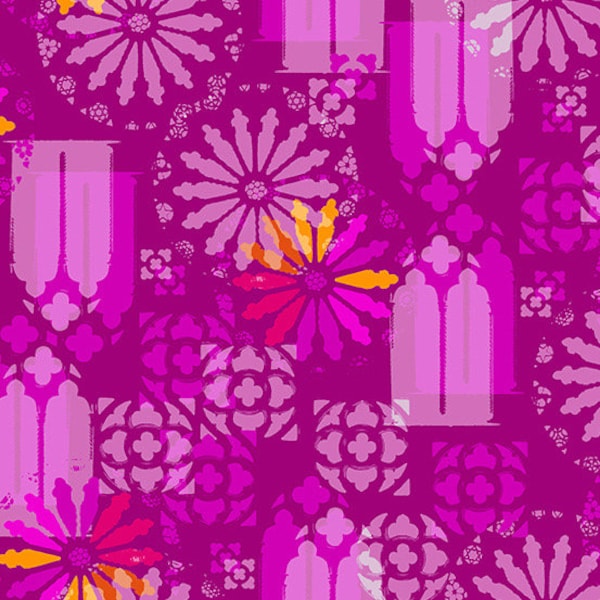 Chrysanthemum by Alison Glass for Andover - Sunlight fabric in Plum (pink rose window on purple background w/ orange, yellow) by the 1/2 yd