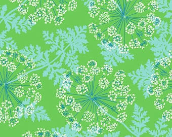 Flora and Fauna by Patty Sloninger for Andover - Wild Carrots fabric in Grass (blue, white and green) by the 1/2 yard