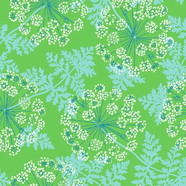 Flora and Fauna by Patty Sloninger for Andover - Wild Carrots fabric in Grass (blue, white and green) by the 1/2 yard