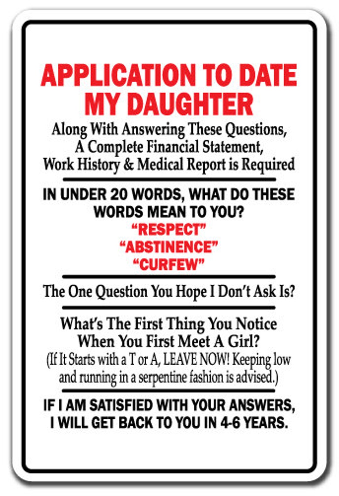 Application to Date My Daughter Novelty Sign Gift Funny Gag - Etsy Application to Date My Daughter Novelty Sign Gift Funny Gag - Etsy