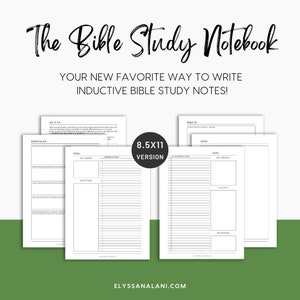 Peut inclure: Un carnet d'étude biblique imprimable noir et blanc avec le titre "The Bible Study Notebook" et le texte "Your new favorite way to write inductive Bible study notes!" Le carnet mesure 8,5 x 11 pouces et comprend des sections pour "Personnaliser", "Configurer", "Récapituler", "Observation", "Interprétation" et "Application".