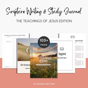 May include: A journal cover with a sunset landscape and the text "The Teachings of Jesus" and "A Four Seasons Bible Study Plan". The journal is titled "Scripture Writing & Study Journal" and "The Teachings of Jesus Edition".