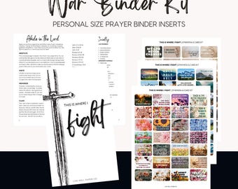 Könnte beinhalten: Ein druckbares Gebetsordner-Set mit dem Text "War Binder Kit" und "This is where I fight". Das Set enthält eine Vielzahl von druckbaren Karten mit inspirierenden Zitaten und Bibelversen.