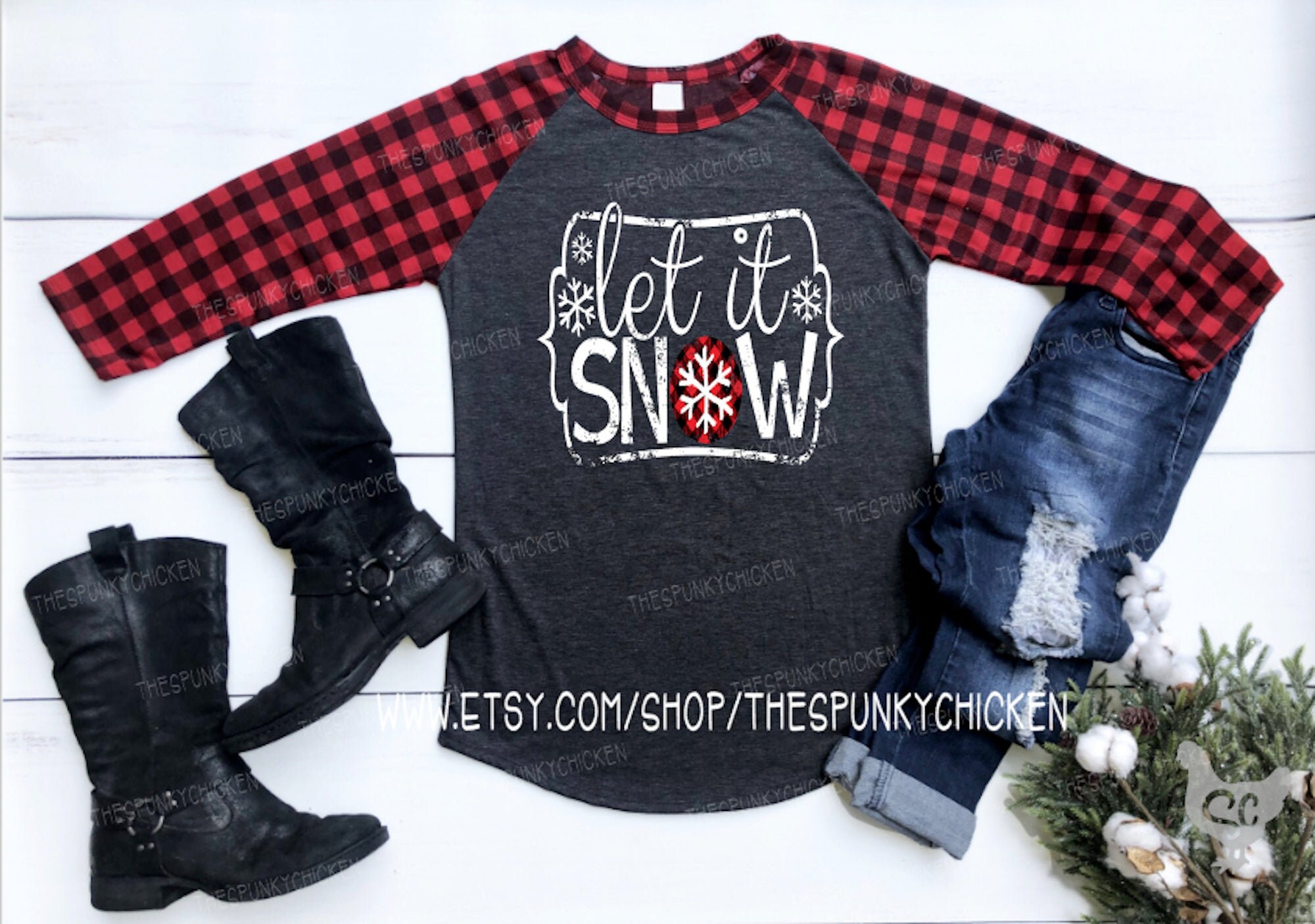 Ladies Let It Snow Ladies Buffalo Check Plaid Sleeve Christmas Raglan…