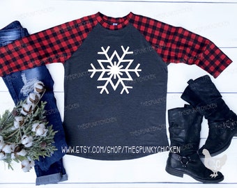 Ladies Snowflake Buffalo Check Plaid Sleeve Merry Christmas 3/4 Sleeves Raglan Shirt -plus -glitter -gray -red- black