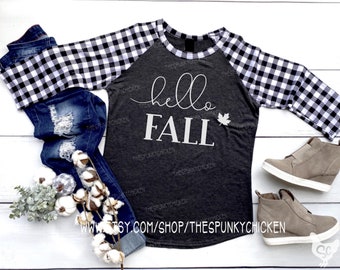 Buffalo Check Hello Fall Ladies Buffalo Plaid Sleeve Raglan Shirt Gray Grey - Fall Leaves - Pumpkin - Buffalo Check