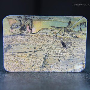 May include: A rectangular gemstone with rounded corners, displaying a landscape pattern. The stone has beige, green, and pink tones with dark veins and speckles. The surface is polished, set against a dark background.
