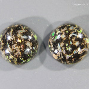 May include: Two round black opal cabochons with green, blue, and white iridescent flashes. The opals are set in a black matrix.